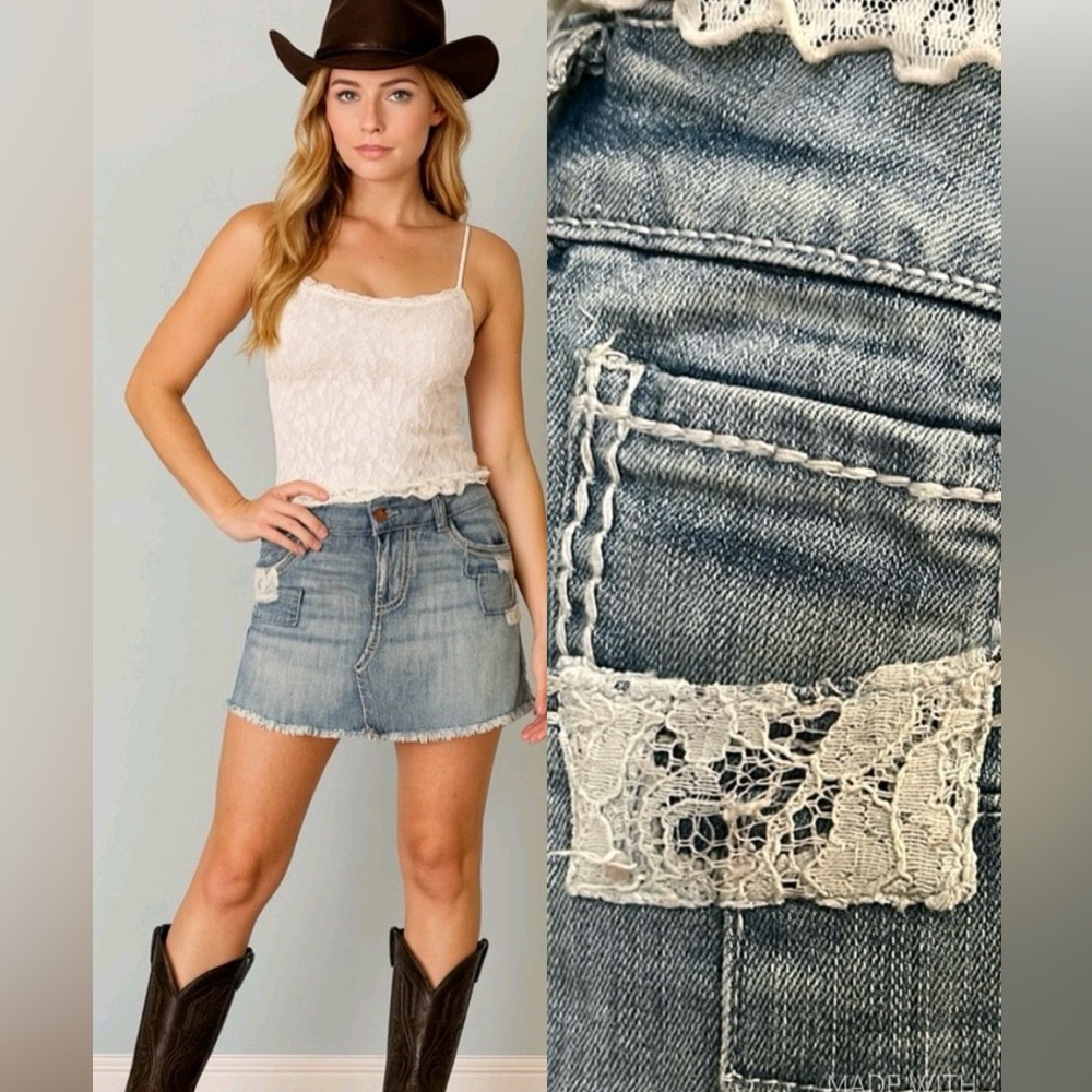 🤍 NWT Cowgirl Tuff Patches Mini Skirt w/Lace detail
